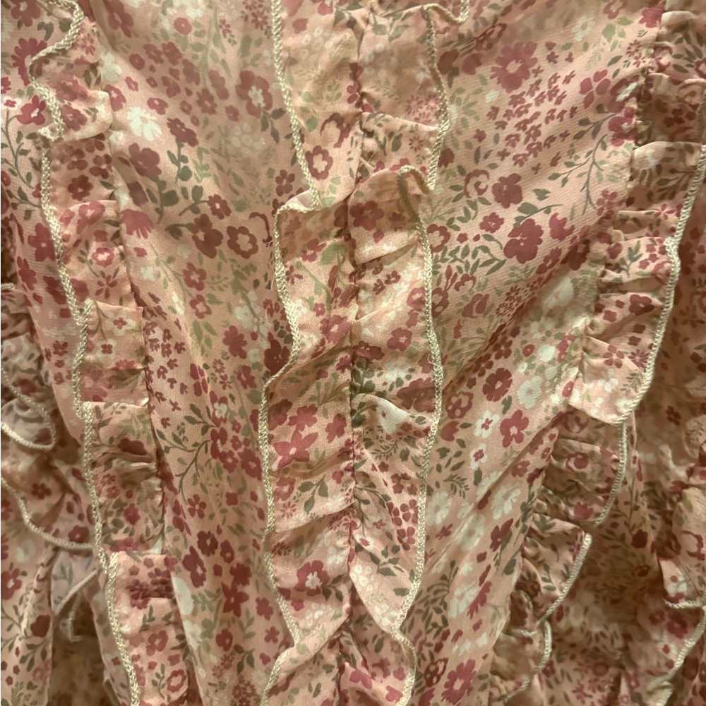 Anthropologie Pink Floral Ruffle V-Neck Blouse - Picture 6 of 7